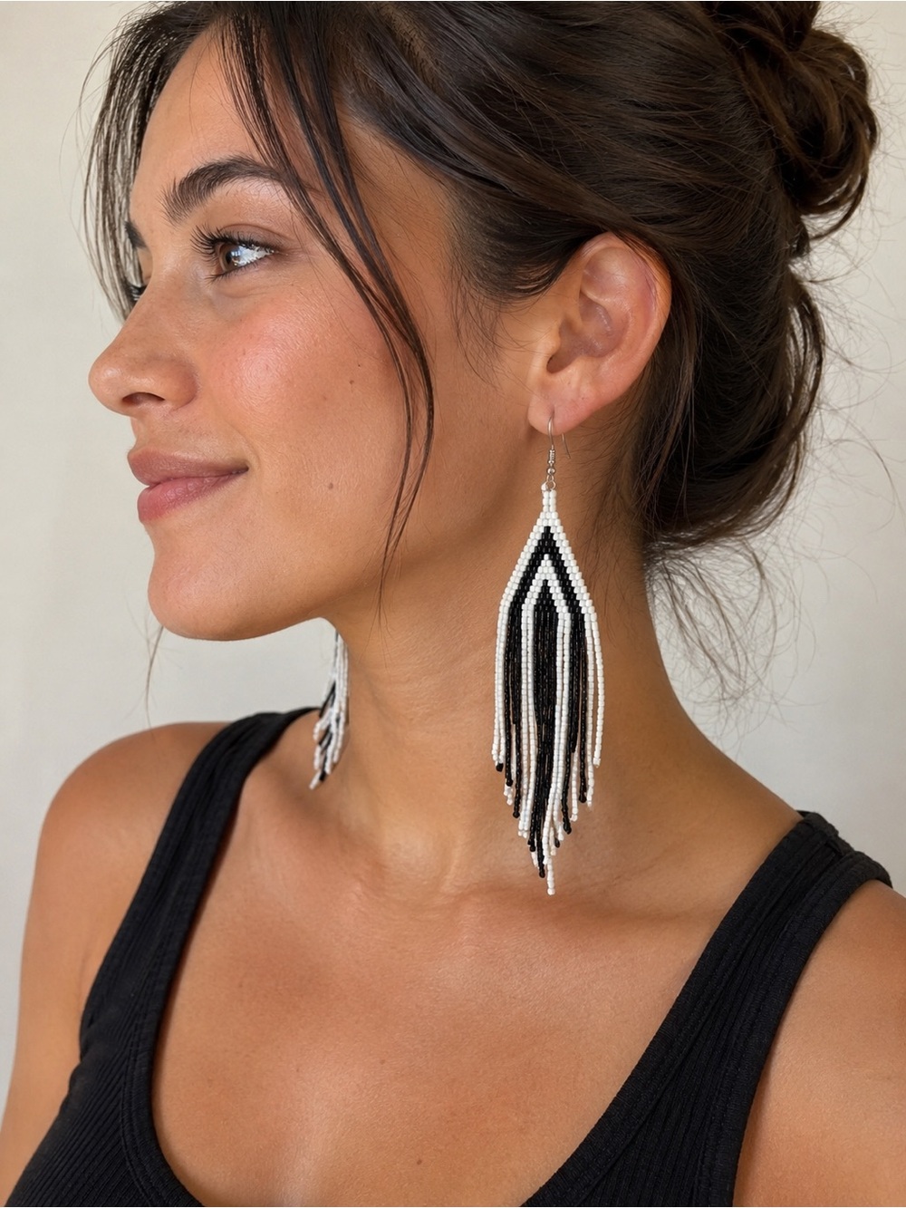 Handmade Black & White Seed Bead Fringe Earrings
